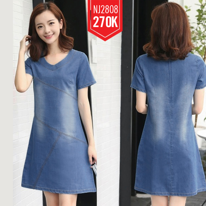ĐẦM JEAN SUÔNG CỔ TIM FORM A CHỈ NỔI CÁCH ĐIỆU